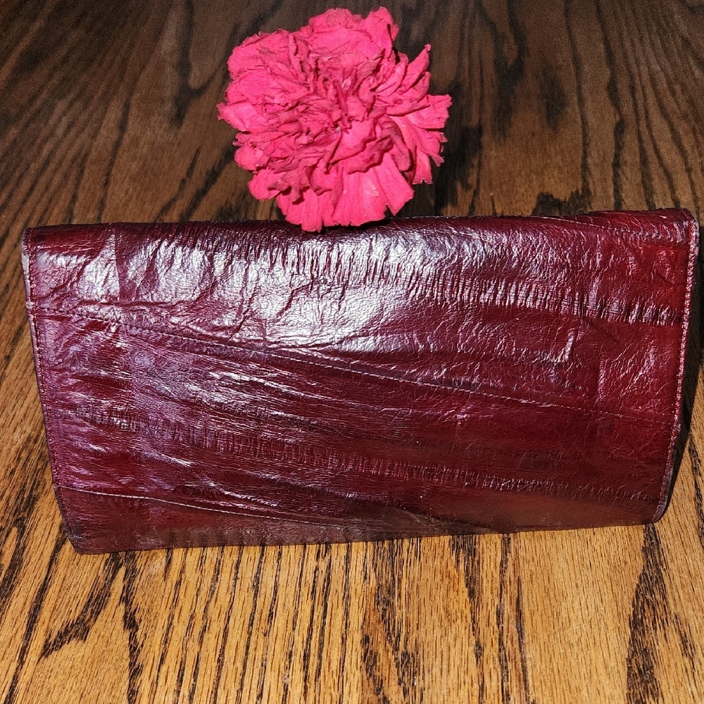 Vintage Burgundy Eel Skin Leather Clutch Wallet - Picture 2 of 11